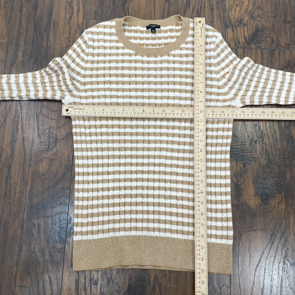 Talbots Sweater MP Medium Petite Metallic Gold Striped Crew Neck Cable Knit - Picture 8 of 13